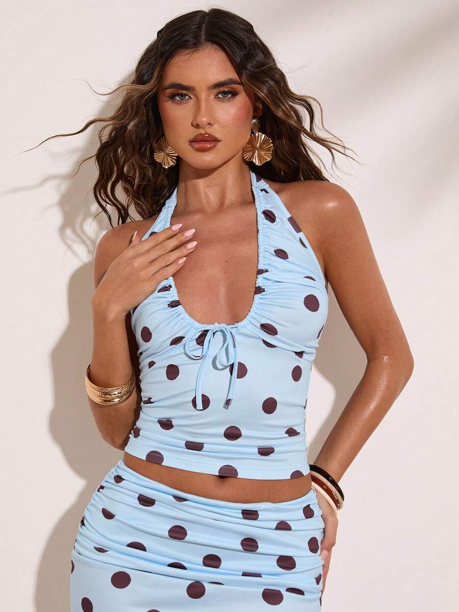 SHEIN BAE Áo kiểu casual cổ nhún in chấm bi xanh dương, thích hợp cho đi biển, mặc hàng ngày, đi chơi, tụ họp bạn bè, lễ hội âm nhạc, đi làm, hẹn hò lãng mạn, thiết kế thời trang. - Màu xanh nhạt - Xem 1