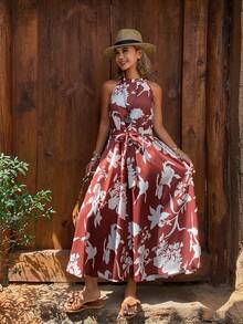 DAZY Vestido Longo Floral Vermelho Vinho Vintage Francês Sem Costas e Sem Mangas, Vestido Longo para Mulheres para Férias, Vestido de Cruzeiro, Vestido de Verão Boho para Mulheres - Vinho - Visão 5