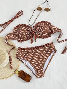 Swim Mod Conjunto de bikini de 2 piezas con lunares, color marrón dulce, con patrón de lunares blancos clásicos sobre base marrón, diseño retro elegante y lindo con copa suave sin tirantes y decoración de moño, Bottom triangular de talle alto que favorece la cintura y las caderas, adecuado para la playa, la piscina y fiestas en primavera y verano - Marrón - Ver 6