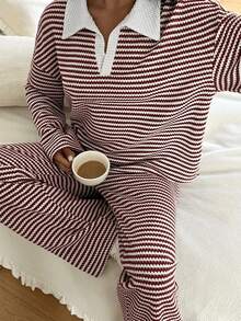 Siren Gaze Women's 2pcs Set Loose Striped V-Neck Drop Shoulder Long Sleeve T-Shirt &Elastic Waist Striped Pants, Winter Sweater Suit ,Autumn/Winter Comfy Two Piece Set 2 Piece Lounge Sets Woman Striped Two Piece Set Lounge Wear Women Set Comfortable Two Piece Set - Red and White - View 4