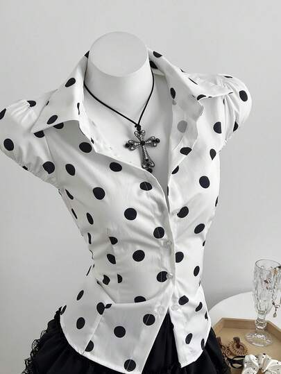 Elamini 女士甜辣波点印花系带腰身花瓣袖短袖衬衫，夏季