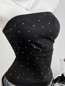 Elamini 女士休闲简约水钻装饰抹胸露脐上衣 - 黑色 - 查看 6