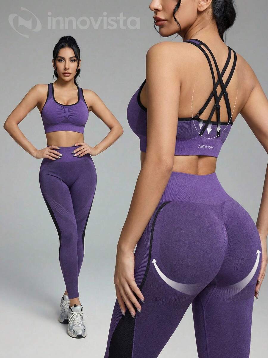 Innovista 2件套基础款运动文胸和裤子套装，吸湿排汗面料，紫色，无缝瑜伽/健身紧身裤