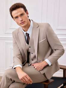 Officeau 男士米色修身西装三件套：外套、马甲和西裤，经典正式商务婚礼着装，休闲男士西装外套 - 米色 - 查看 17