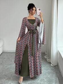 Elenzga Vestido de estampado de estilo vacacional con parche de cuello y cinturón de color contrastante para mujer - Multicolor - Ver 5