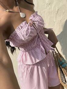 Sunnyshic 2件套女士荷叶边条纹系带抹胸上衣和裤子 - 淺粉色 - 查看 4