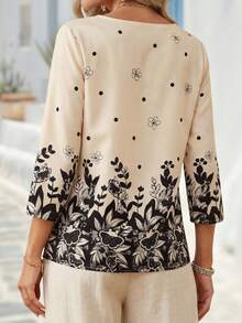 EMERY ROSE Women's Round Neck Raglan Long Sleeve Vintage Casual 3/4 Sleeve Shirt - Khaki - View 3