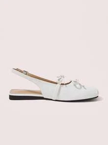 CUCCOO DOLLMOD White Patent Leather Bow Slingback Square Toe Low Vamp Flat Mary Jane Flats - White - View 3