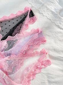 PetitDoll 3件套可爱性感粉色蕾丝边波点网纱女士内衣套装 - 彩色 - 查看 3