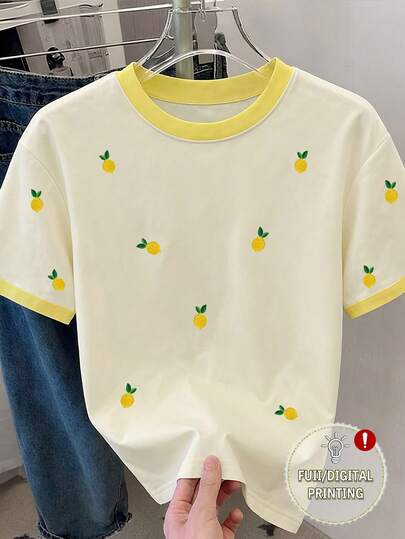 Franclia Lemon Print Casual Round Neck Short Sleeve T-Shirt, Summer