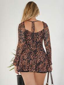 Arliah 复古性感腰部收紧长袖豹纹网眼撞色蕾丝露背迷你连衣裙，街头风格，秋冬 - 彩色 - 查看 2