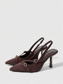 Sleekvia 女士尖头搭扣性感细高跟露跟派对通勤女式高跟鞋低鞋面春季鞋法兰绒 - 深棕絨布 - 查看 5