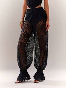 Radiana Women's Fashionable Casual Sexy Sheer Lace High Waist Ruffle Harem Pants, Spring/Summer, Everyday Wear, Music Festival, Versatile, Tropical, African Print, Caribbean, Havana Nights, Jamaica, Coachella, BOHO, Bohemian, Outing, Resort, Beach Vacation, Holiday, Seaside, Western Wear, Concert, Carnival Party, Richly Layered, Date Night, Ibiza, Nashville, Break, Modest, Chic, Club, Cute, Casual, Shopping, Streetwear, Going Out, Easy To Match&Looks Slim, Accent Your Body, Flatter The Figure - Black - View 2