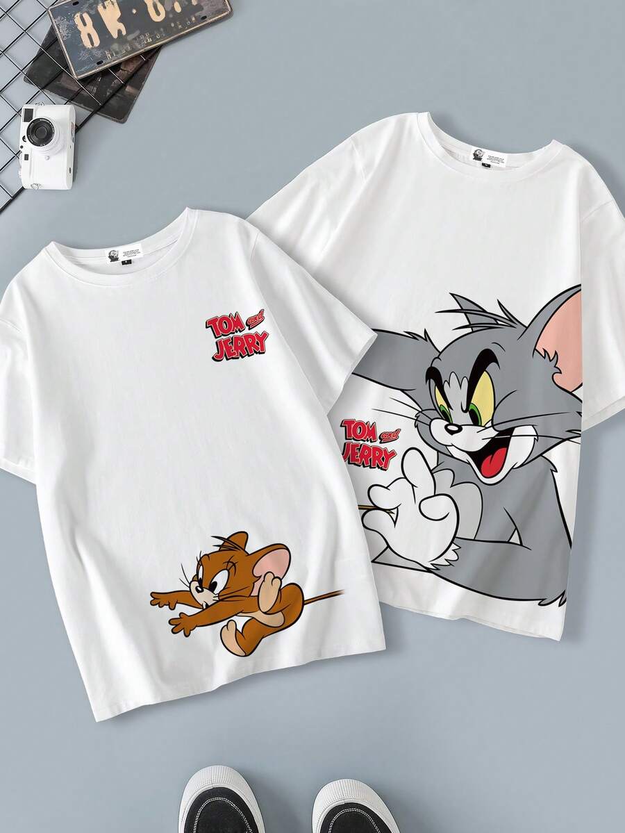 TOM & JERRY X SHEIN 女士休闲宽松圆领短袖T恤，适合夏季穿着（仅含一件女士T恤） - 白色 - 查看 1