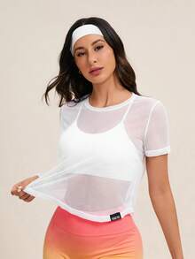 SHEIN Cheerettes Women's Letter Patchwork Round Neck Short Sleeve Hollow Out Sports T-Shirt Gym Shirts - White - View 3
