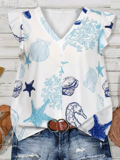 Louniche قميص كاجوال للنساء بأكمام قصيرة مطبوع عليه عناصر بحرية للربيع والصيف