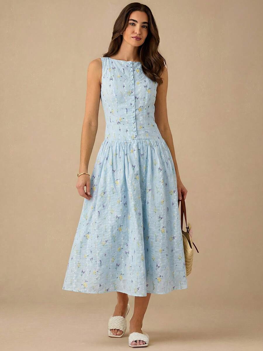 Enchnt 女士碎花纽扣前开襟休闲无袖连衣裙 - 淺藍色 - 查看 1