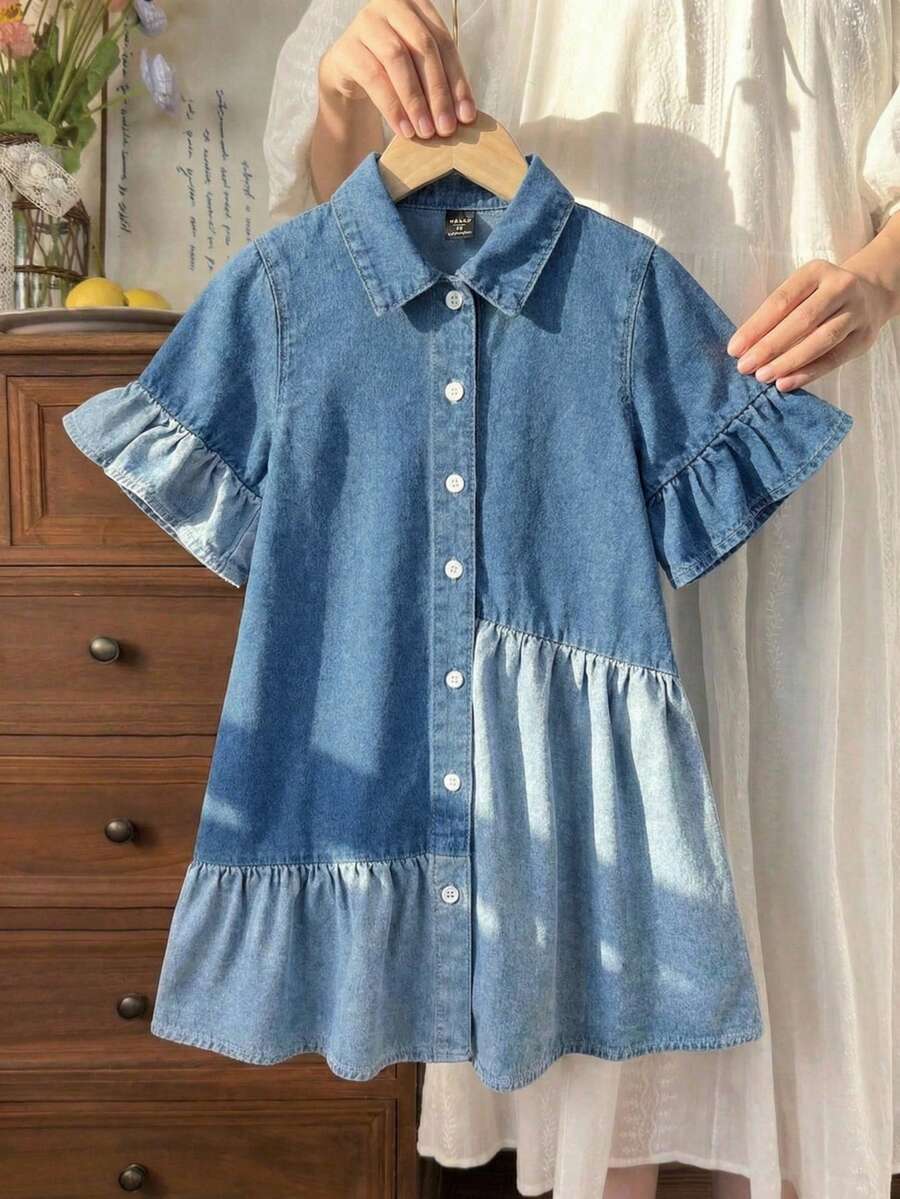 SHEIN LMoss Kids 女童撞色蓝色牛仔宽松衬衫裙 - 淺色水洗藍 - 查看 1