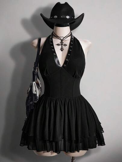 SHEIN ICON 大码露背吊带镂空双层蛋糕裙，低腰吊带裙，Y2K风格，音乐节服装