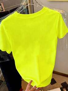 Resyla 女士荧光绿休闲日常通勤简约纯色短袖T恤，夏季 - 綠色 - 查看 2