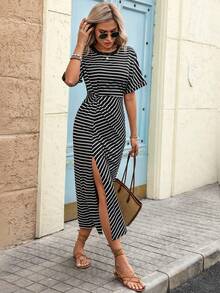 SHEIN LUNE Women's Casual Twist Striped Slit Dress Maxi Dress Wrap Dress For Women Womens Dress Striped Dress Casual Dress Summer Outfits For Women, Summer Dresses Beach Outfits For Women Casual Dresses For Women Vacation Outfits Women Work Outfits For Women Country Concert Outfit Office Outfits For Women - Black and White - View 3