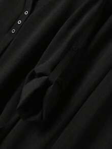 Rusticease 女士纯色V领卷边袖衬衫和阔腿裤休闲套装 - 黑色 - 查看 3