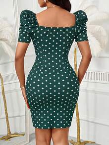 SHEIN Lady 优雅波点印花修身连衣裙，适合夏季通勤 - 綠色 - 查看 2