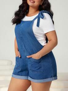 Solflare Plus Size Women Dark Blue Denim Romper,Summer Casual Vacation Short Overalls Jumpsuit Featuring Adjustable Tie Straps,Cuffed Hem Bib Pocket Shorts - Blue - View 1