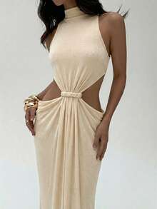 Aloruh Women's Spring/Summer Braided Apricot Sleeveless Hollow-Out Straight Dress - Apricot - View 4