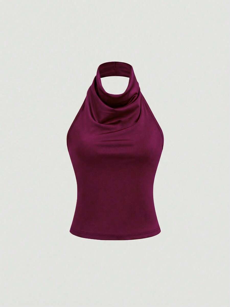 Sweetra Tank Top Model Halter Leher Tinggi Elegan dengan Bagian Belakang Silang Elastis yang Dapat Diatur - Red Violet - View 1