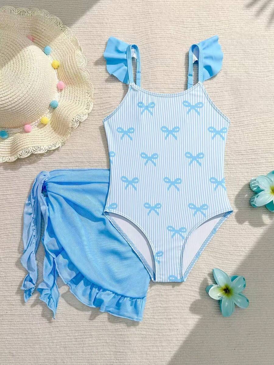 SHEIN Young Girls One-Pieces Cute Blue Bow-Print Bodysuit With Tulle Skirt 2pcs Set,Summer Beach Holiday Ruffled Swimwear Kids Fashionable Bathing Suit - Blue and White - View 1