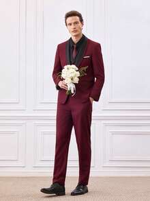 Officeau SuitGent 三件套男士高品质商务西装，撞色新郎婚礼礼服，修身休闲西装外套和裤子套装，春季礼服套装 - 酒紅色 - 查看 12