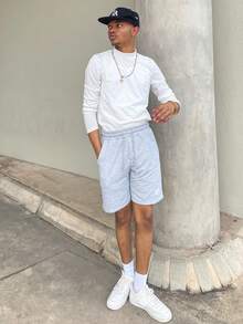 Ngobest Haus Ngobest Haus 男士字母贴布抽绳腰短裤 - 淺灰色 - 查看 5