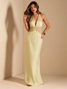SHEIN BAE Spring & Summer Wedding Guest Dress, Pure Yellow Satin Deep V-Neck, Waist Lace Semi-Sheer Mermaid Dress, Suitable For Party, Vacation, Banquet, Wedding, Night Out, Romantic Date - Light Yellow - View 3
