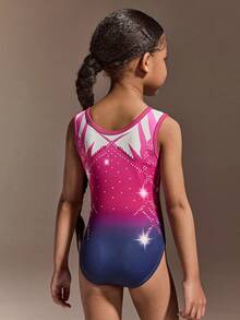 2pcs Girls' Activewear Set,Black And Purple Gradient Print Leotard,Soft Stretchy Fabric,Suitable For Gymnastics,Summer,Gym,Sport Training Exercises - Multicolor - View 6