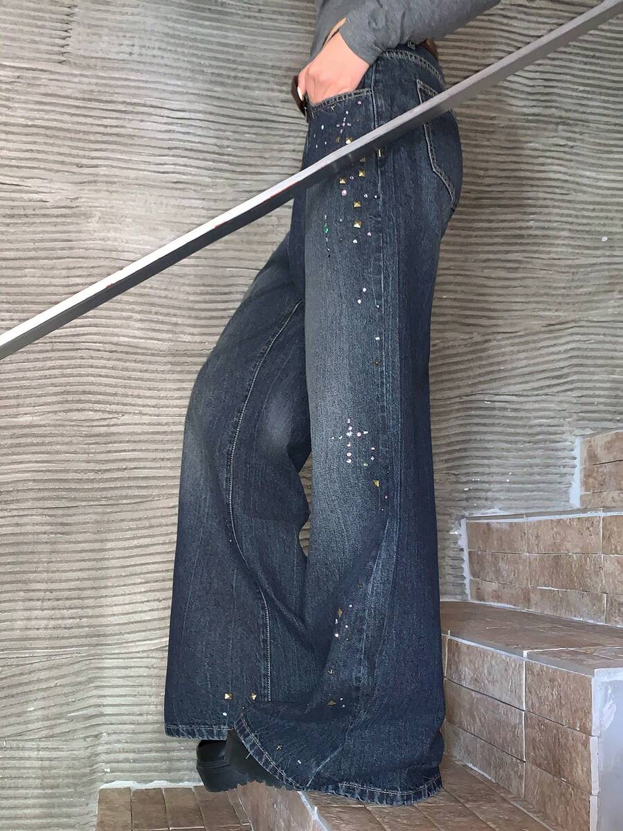 DAZY 女士水钻装饰复古喇叭牛仔裤，复古少女风 - 藍色 - 查看 1