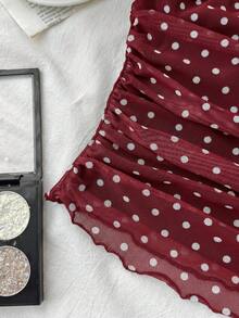 SHEIN Áo tank top và áo camisole cho bé gái tuổi teen, phối cùng khăn quàng cổ, màu đỏ tía chấm bi trắng, eo nhún. - Màu Đỏ Sâu - Xem 5