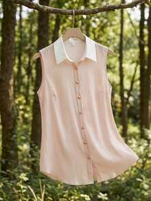 Reflora 大码夏季简约通勤优雅撞色翻领无袖前开襟衬衫，女士夏季，春假，春季女士，婚礼及活动，母亲毕业典礼，毕业典礼，女士度假，女士假日，夏季假期，夏季休闲，奢华，女士正装，女士社交，女士正装，新娘母亲 - 粉色 - 查看 2