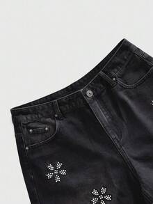 ROMWE MEN Street Life Men's Sparkling Diamond Floral Print Loose Denim Shorts - Black - View 5