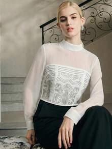 Anewsta Áo kiểu lưới đính cườm tinh tế - trắng - Xem 3