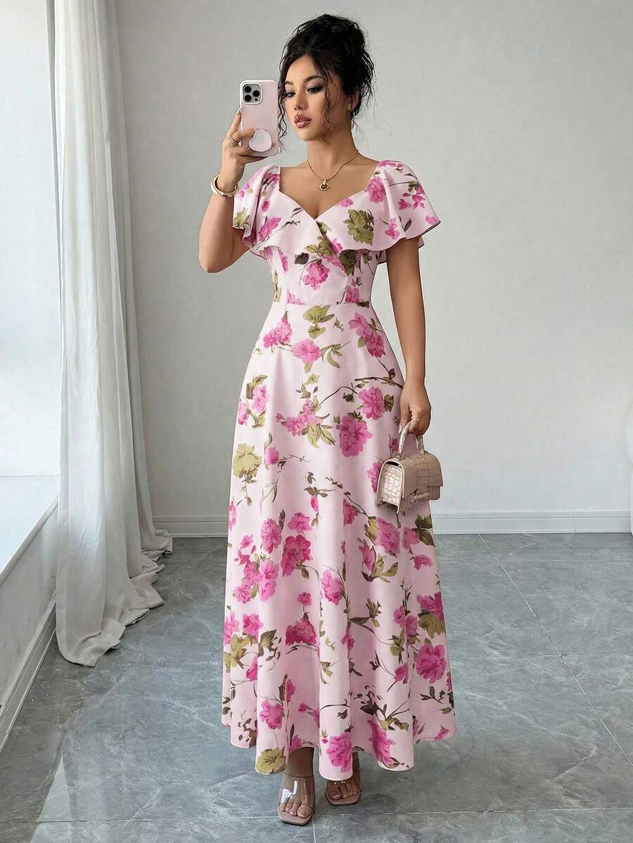 Elenzga Ruffled Waist A-Line Ditsy Floral Elegant French Style Dress - Pink - View 1