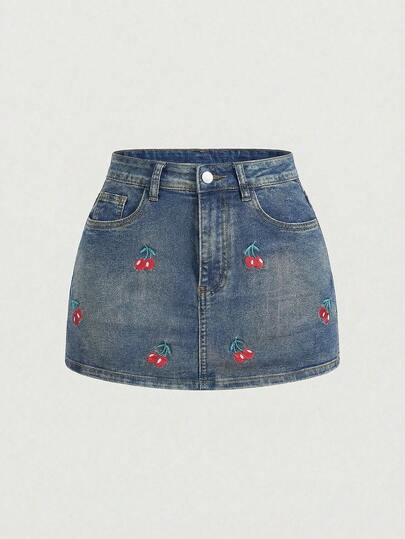 SHEIN MOD Falda vaquera casual de mujer con bolsillos en diagonal y estampado de cerezas