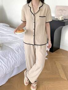SHEIN Bộ đồ ngủ thoải mái cho bé gái tuổi teen, màu mơ, chất liệu chiffon mềm mại, cổ áo phối viền tương phản, gồm áo khoác cardigan và quần dài. - Màu be - Xem 4