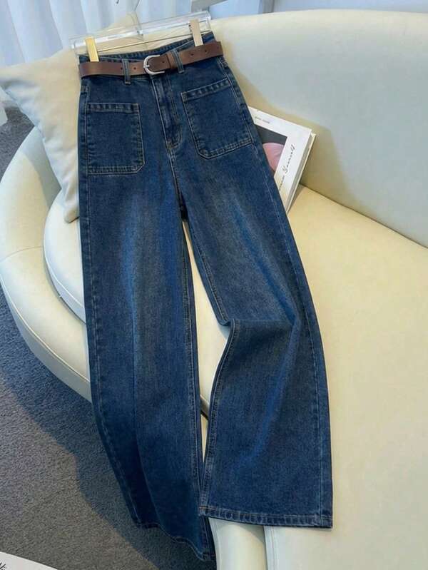 Pantalones vaqueros de piernas anchas para mujeres, tejidos sólidos, botones, materiales opacos y micro - elástico, todos los artículos