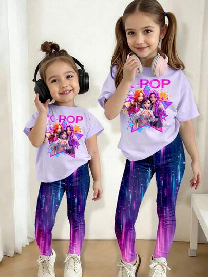 Young Girl Spring And Summer Girls' Casual Fashion Creative Personalized Refreshing Minimalist Cool Virtual Girl Group Colorful Pentagram Paint Purple Gradient Glowing Starry Pattern Letter Slogan Graphic Print Casual Basic Short T-Shirt And Leggings Set, Comfortable Daily Wear, Suitable For Spring, Summer And Autumn