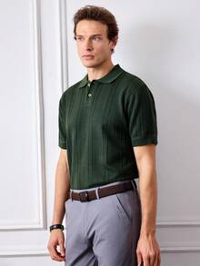 Officeau 男士休闲针织Polo衫，透气绿色针织衫，常规版型，短袖，经典Polo领 - 橄欖綠 - 查看 9