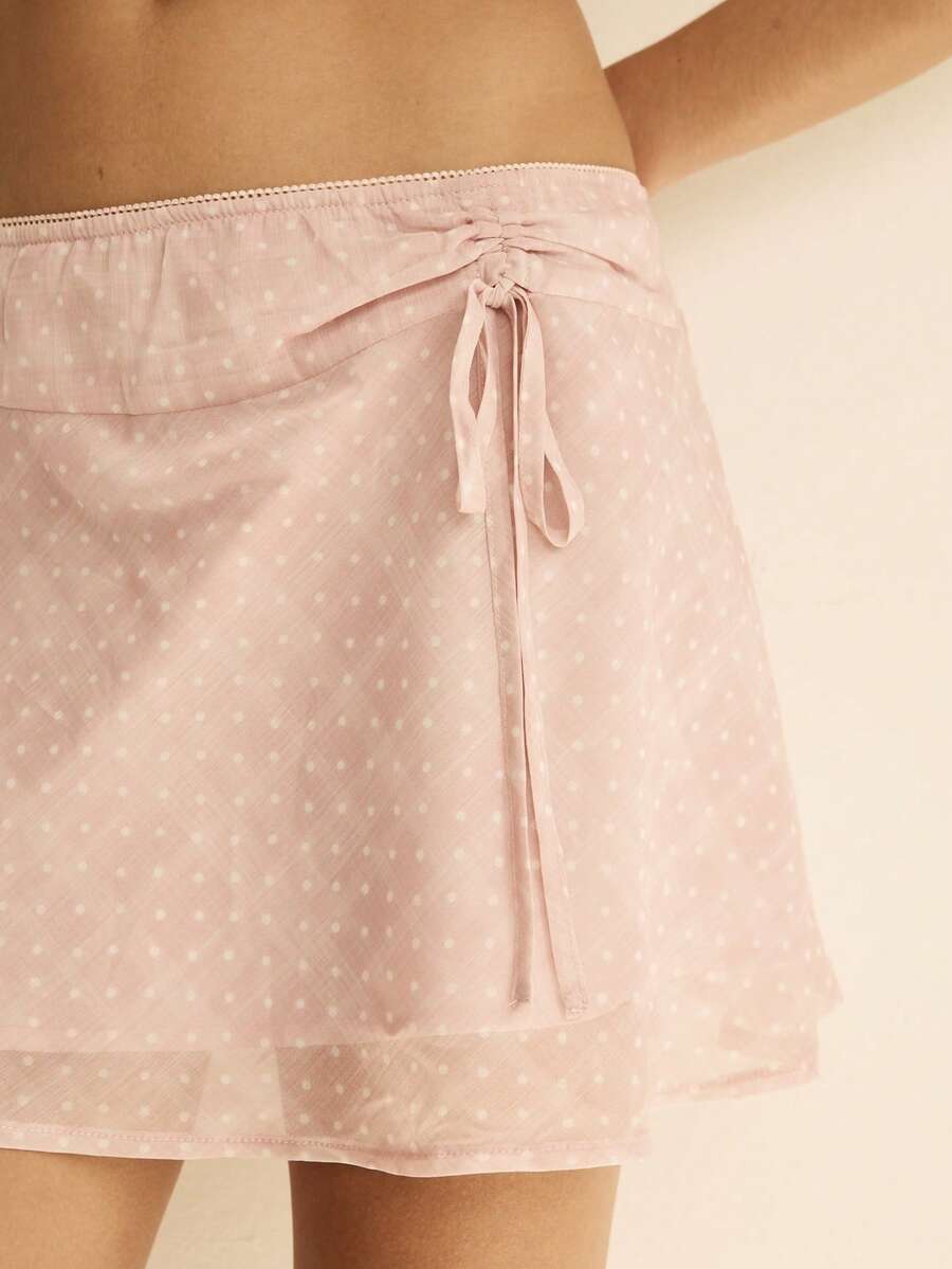 Aralina 夏季女士全无衬里薄纱纹理面料外出波点印花褶皱前系带A字迷你裙 - 粉色 - 查看 1