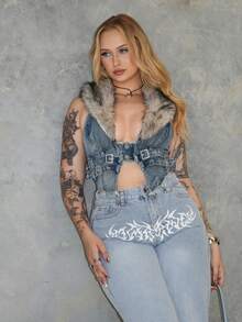 Arliah Y2K 女式可拆卸仿毛领牛仔夹克 - 藍色 - 查看 3