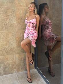 Bonvoyette Women's Sexy Leopard Floral Print Ruffle Trim Backless Camisole Dress, Vacation - Pink - View 5