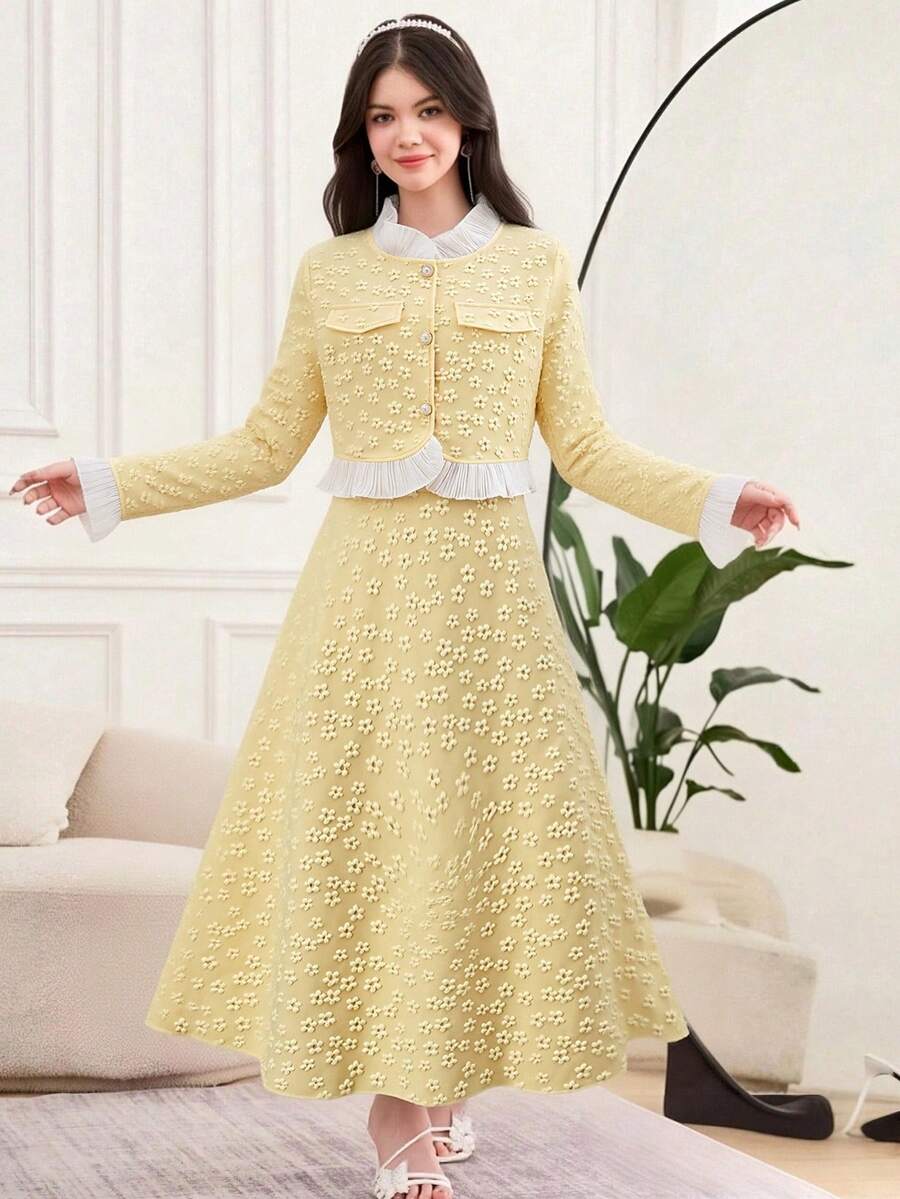 SHEIN 少女优雅提花花卉开衫外套搭配简约吊带长裙两件套，适合春秋季休闲、派对、活动等场合。